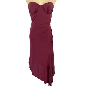 NWT Y2K Bebe Eliza Ruched Bustier Strapless Asymmetrical Midi Dress M Red Purple